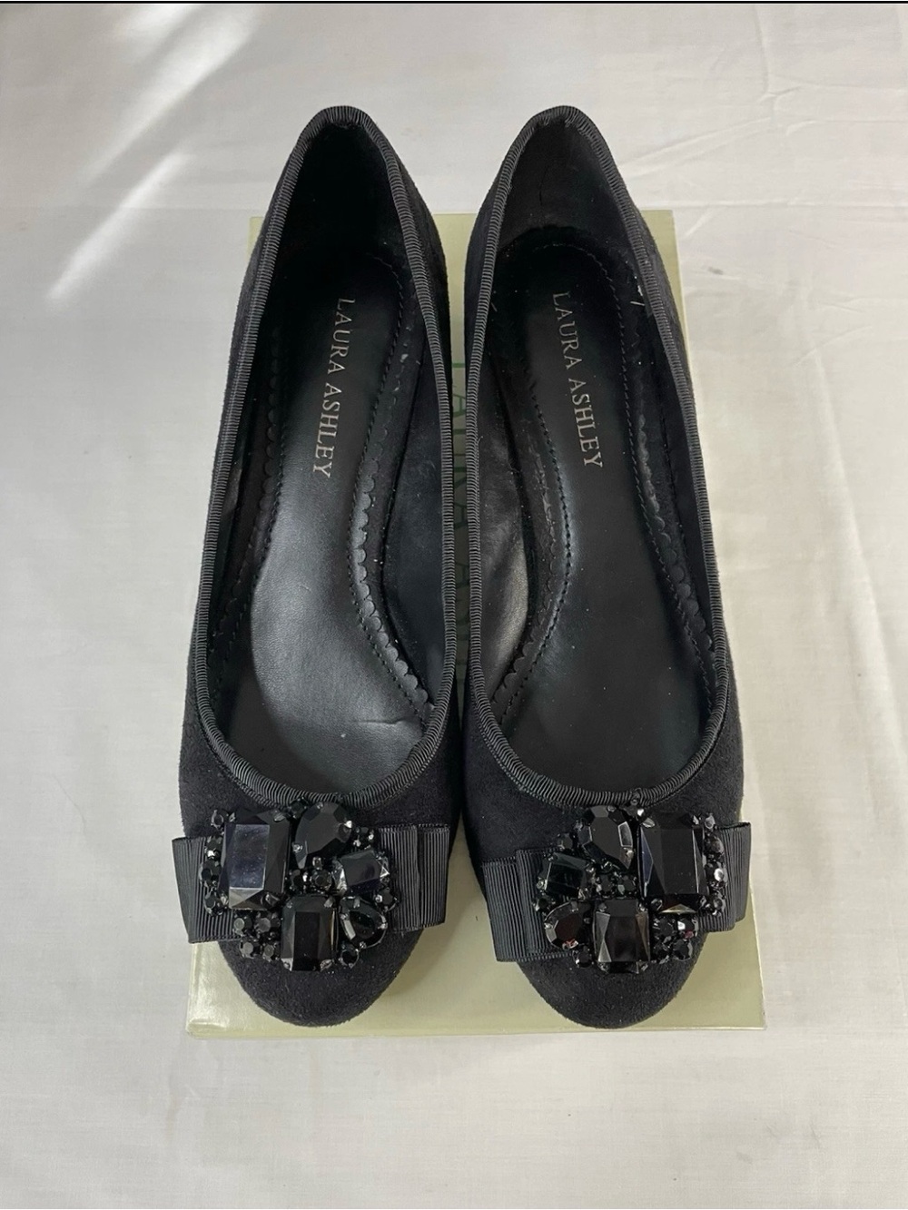 Laura Ashley Black Suede Ballet Flat Shoes large Rhinestone-Embellished  Size 7